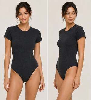 Planet Heart Short-Sleeve Ribbed Bodysuit in Heather Charcoal Grey